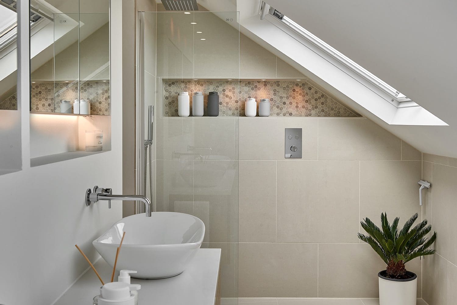 cream loft bathroom with shower wall alcove